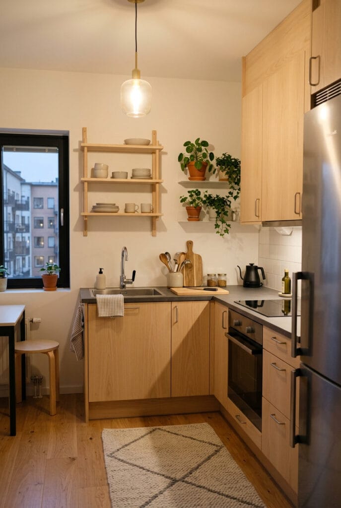 Cuisine cosy style scandinave avec bois clair et touches chaleureuses