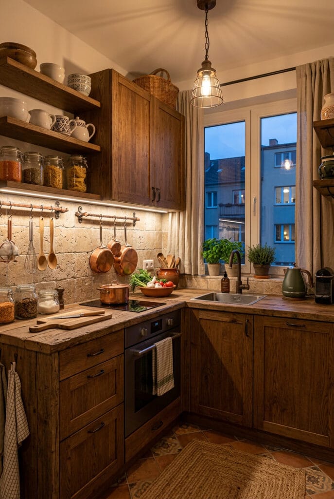Cuisine cosy style rustique avec bois massif et accessoires en cuivre
