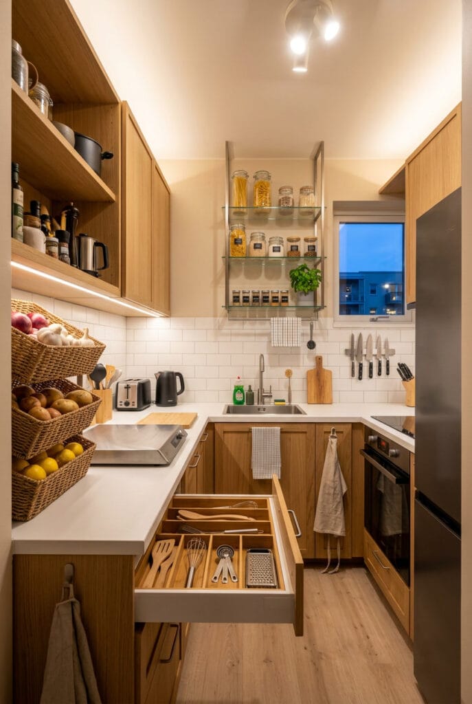 Rangements astucieux tiroirs et corbeilles en osier pour une cuisine cosy