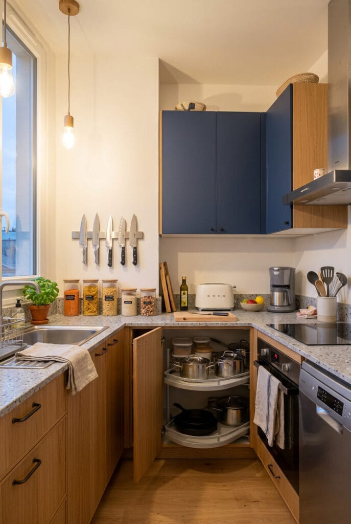 Barre aimantée et pots transparents pour une cuisine cosy organisée