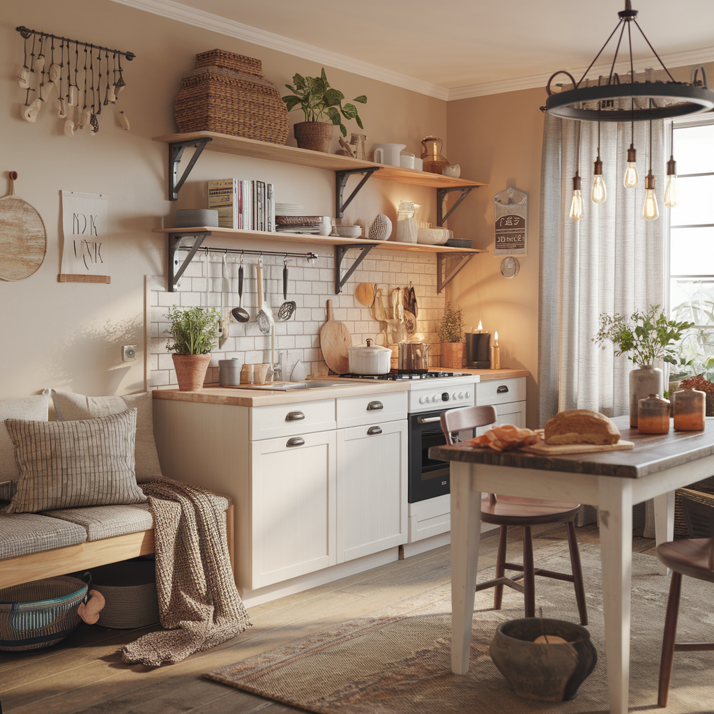 Cuisine cosy chaleureuse et fonctionnelle avec tons neutres, bois naturel, éclairage doux et détails textiles pour une ambiance cocooning
