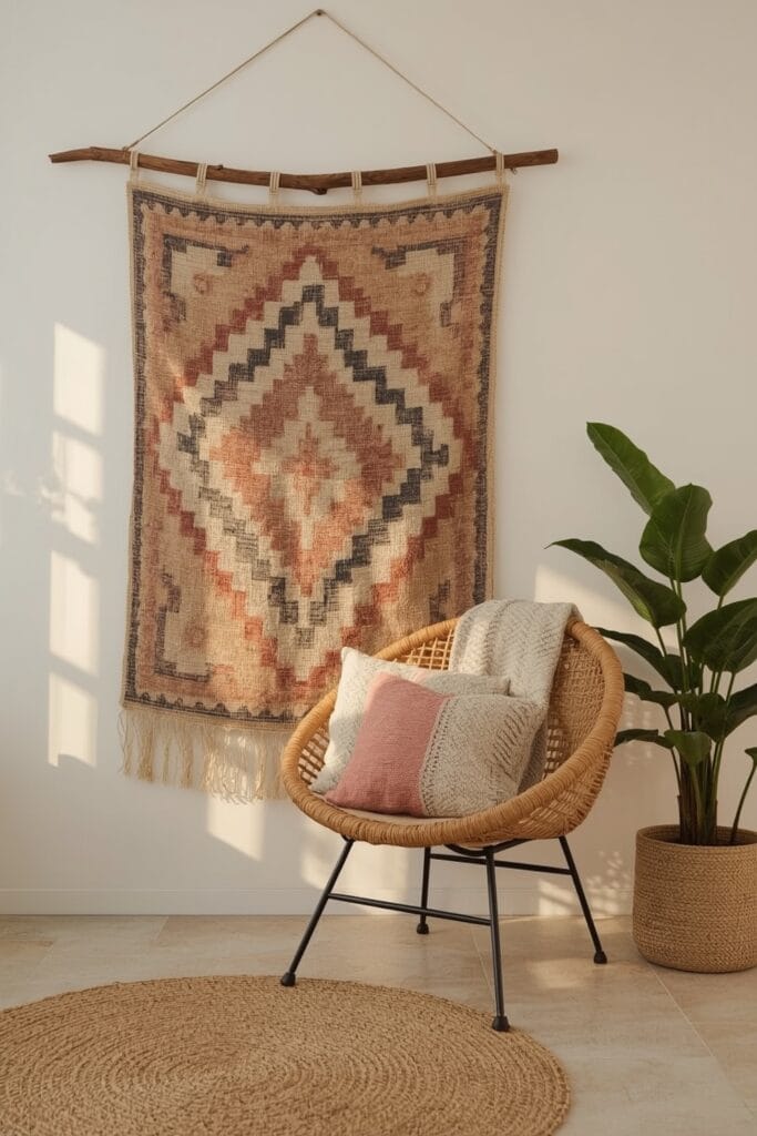 Décoration Murale Salon bohème avec un grand panneau textile ethnique suspendu, coussins et plantes dans un coin cosy.