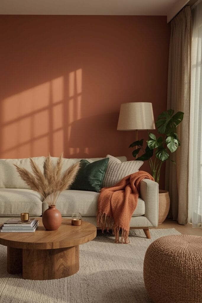 Décoration Murale Salon avec un mur d'accent en terracotta mat et des tons terreux, associés à un canapé en lin et des matières naturelles.