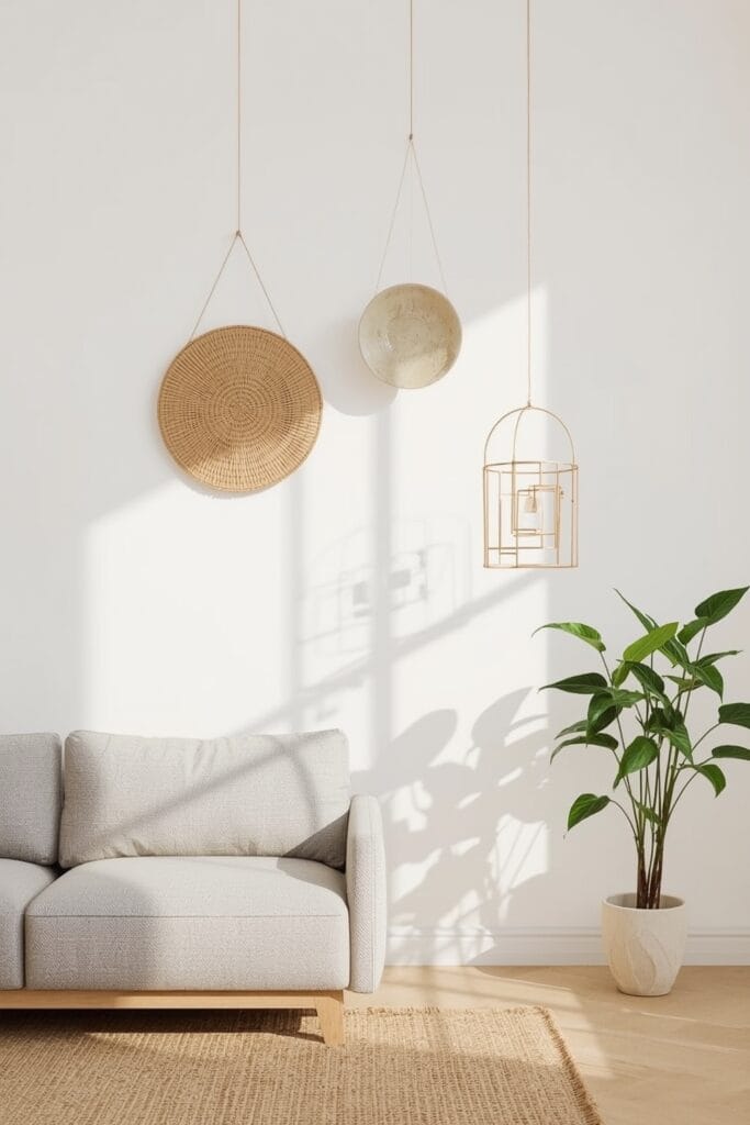 Décoration Murale Salon bohème moderne avec des suspensions murales en rotin, céramique et laiton, projetant des ombres au soleil.
