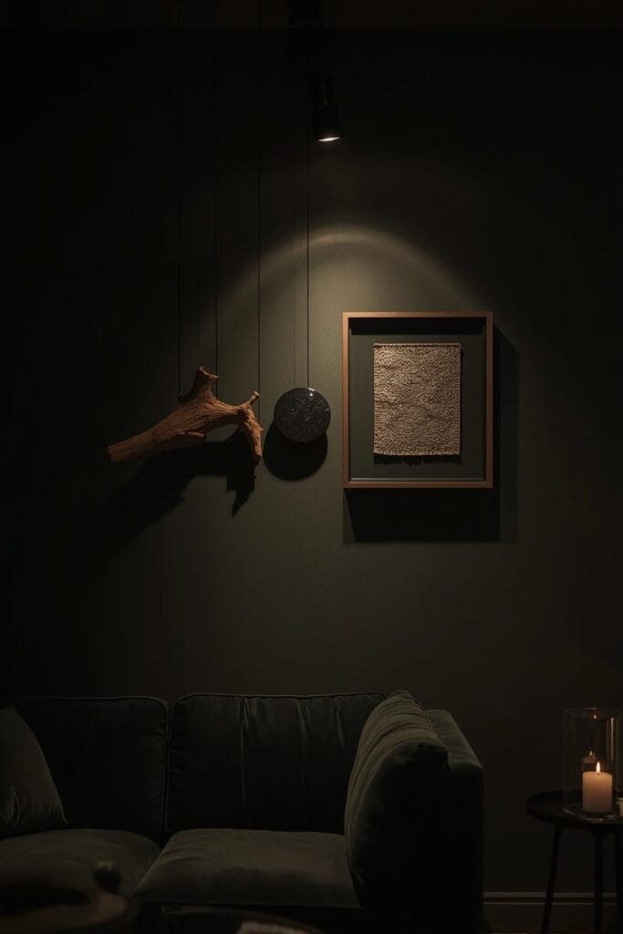 Décoration Murale Salon contemporain avec un groupe de suspensions en bois flotté, pierre et textile, éclairé par un spot le soir.