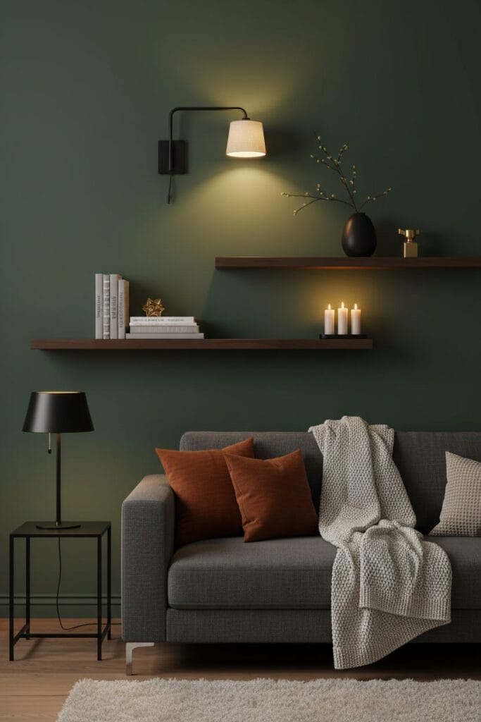 Étagères flottantes en noyer sur un mur vert avec éclairage dirigé, ambiance soirée cosy.