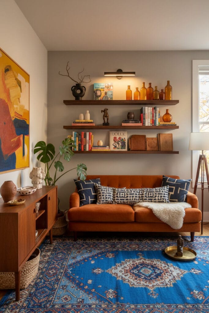 Petit salon moderne mélangé avec étagères en noyer, canapé orange et tapis bleu vibrants.