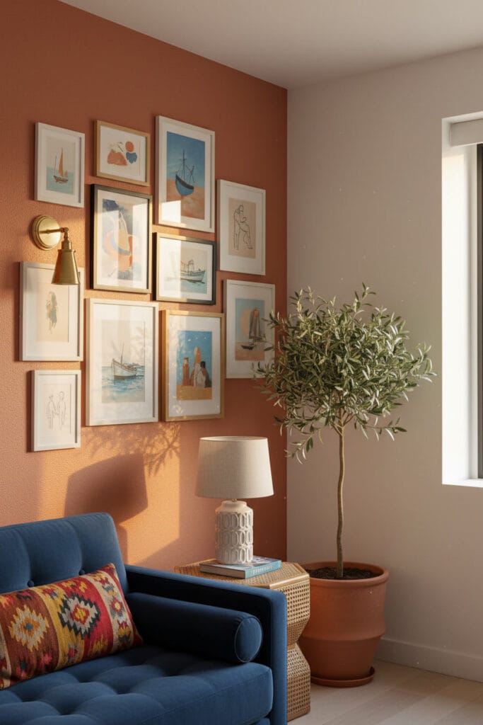 Coin de petit salon avec galerie de cadres sur mur terracotta, style méditerranéen.