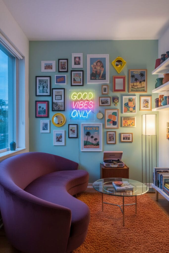 Petit salon rétro avec mur de cadres désordonnés colorés, canapé violet et tapis orange.