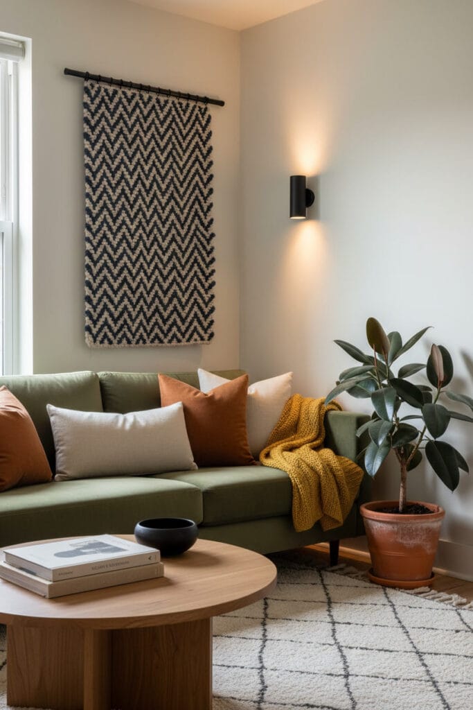 Panneau textile mural en laine bleue et crème dans un petit salon contemporain artisanal.