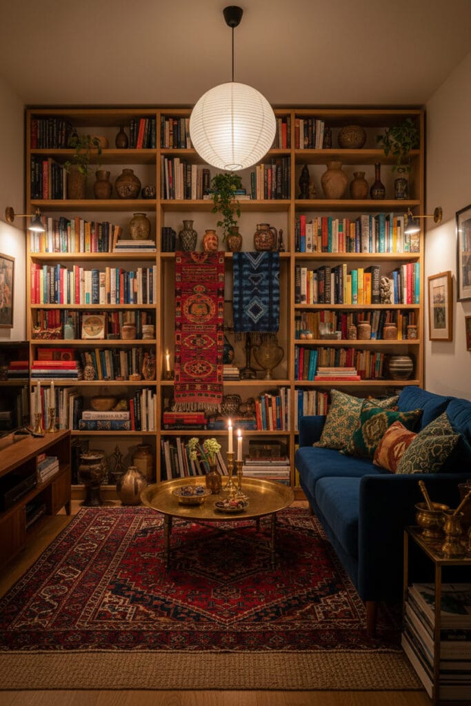 Mur bibliothèque avec textiles ethniques dans un petit salon éclectique du soir.
