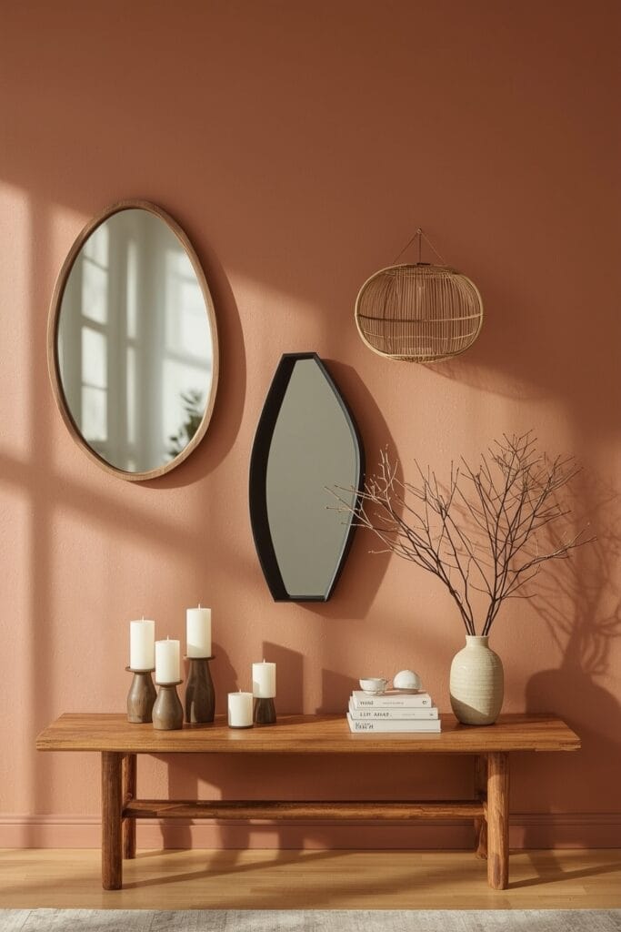 Décoration Murale Salon cosy avec un groupe de miroirs aux formes organiques en bois, rotin et métre noir sur un mur terracotta.