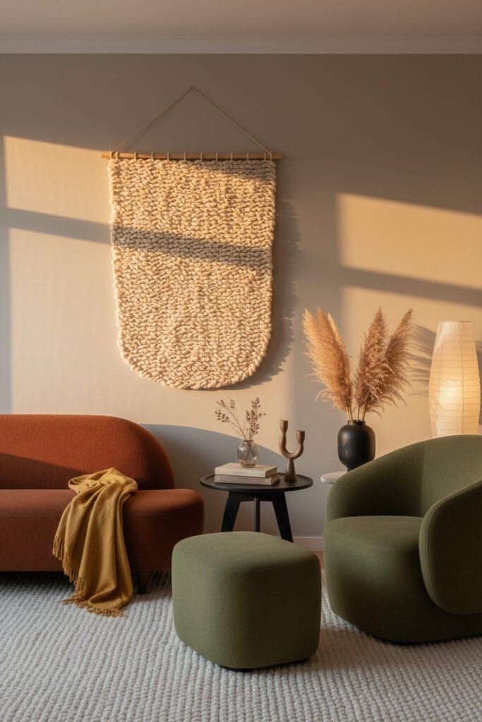 Panneau textile mural en laine et bougeoir mural LED laiton dans un petit salon moderne chaleureux.