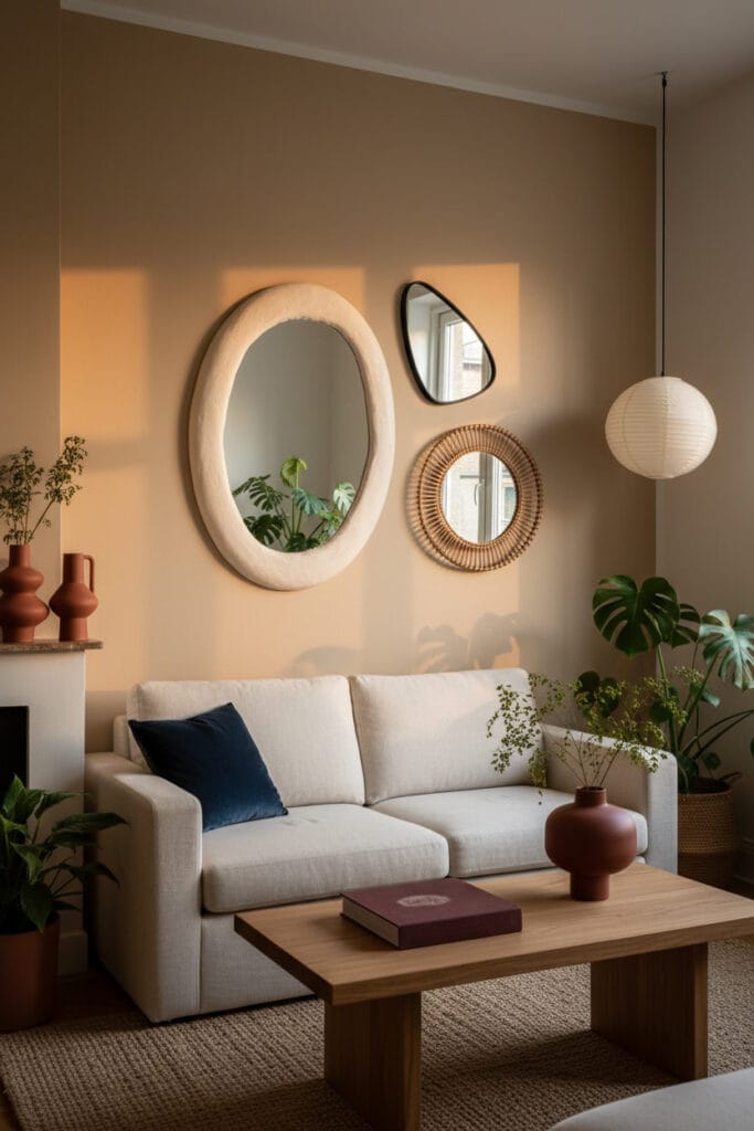 Groupe de trois miroirs aux formes organiques dans un petit salon moderne.