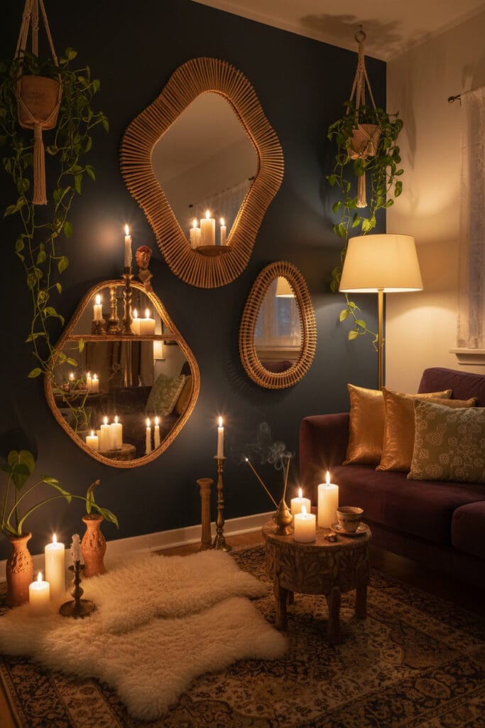 Grands miroirs organiques en rotin et roseau sur un mur bleu nuit, ambiance bohème.