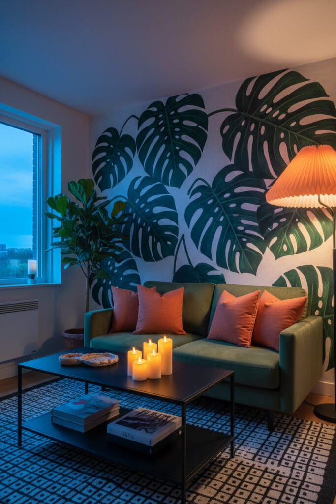 Fresque murale de monstera et canapé vert olive dans un petit salon jungle moderne.