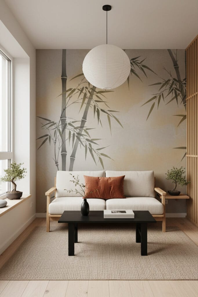 Fresque murale de bambou dans un petit salon Japandi lumineux.