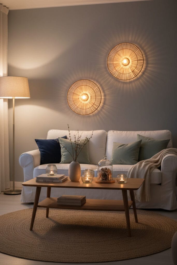 Luminaires en rotin, lampadaire et lanternes dans un petit salon moderne côtier en soirée.