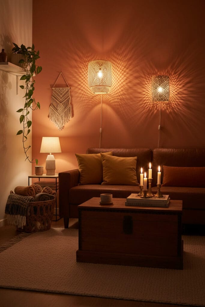 Luminaires muraux tissés et bougies dans un petit salon bohème, ambiance soirée cosy.