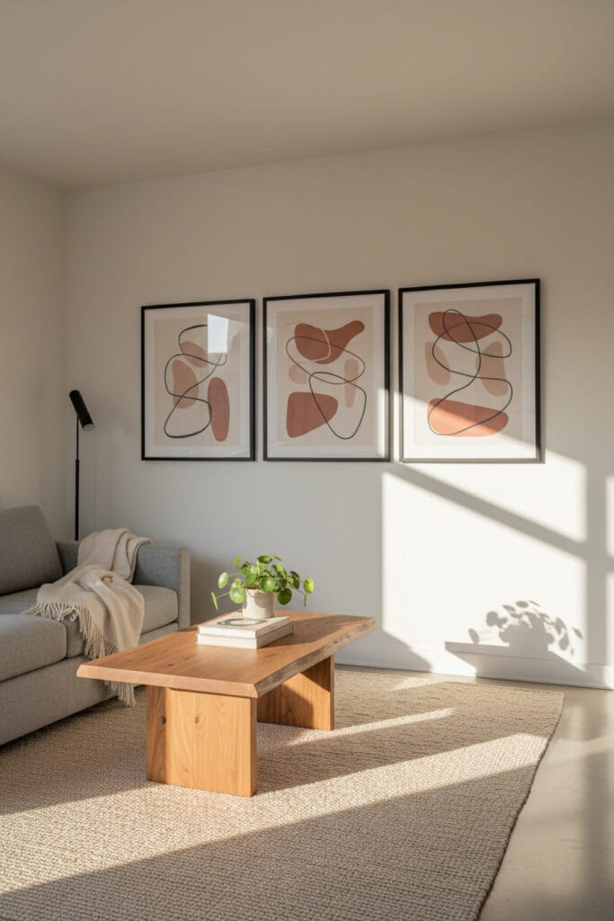 Galerie d'art minimaliste à trois cadres noirs dans un petit salon zen moderne.