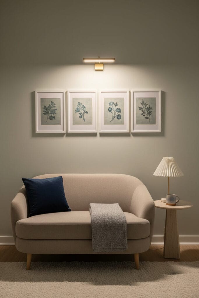 Galerie d'art botanique éclairée par une lumière murale dans un petit salon moderne doux, en soirée.