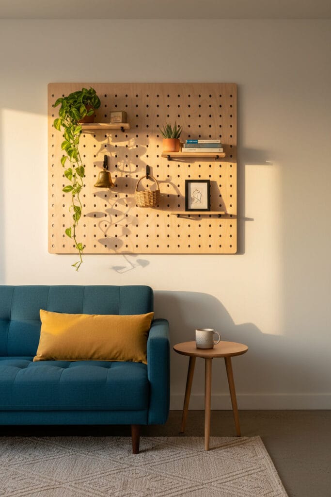 Pegboard crème avec étagères et plantes dans un petit salon moderne créatif.