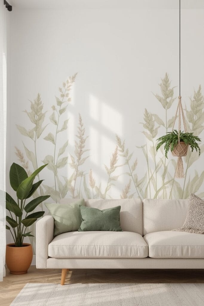 Décoration Murale Salon avec une grande fresque botanique de fougères sur un mur clair, complétée par de vraies plantes et un canapé en lin.