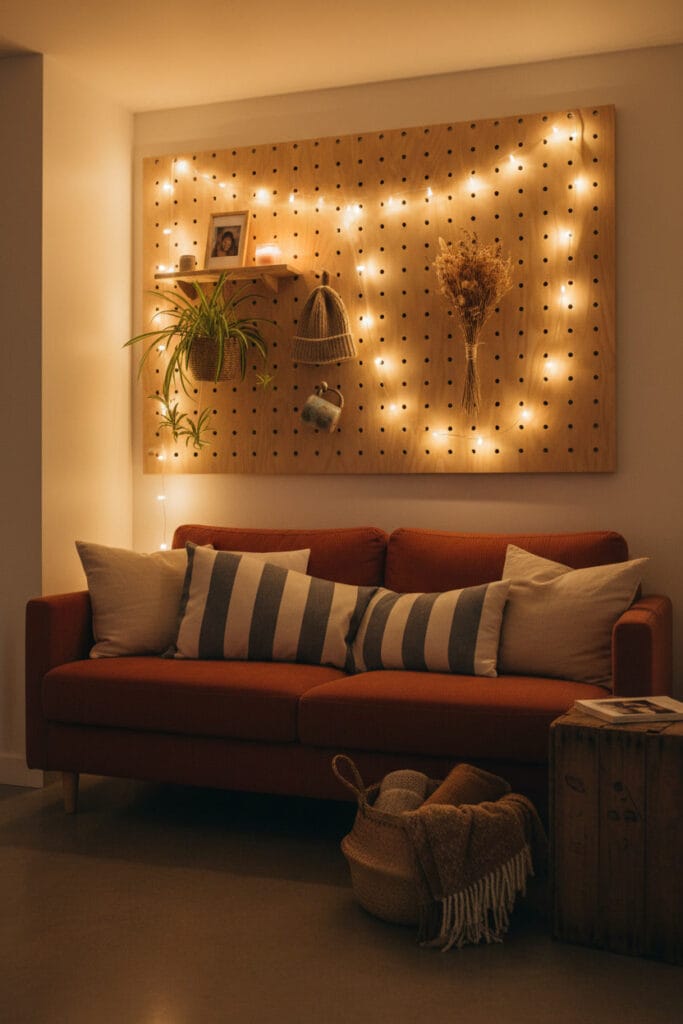 Pegboard en pin avec guirlande LED dans un petit salon bohème fonctionnel en soirée.