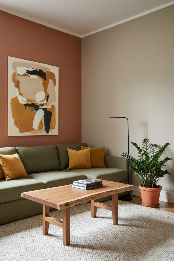 Mur terracotta et mur grège dans un petit salon rustique contemporain.