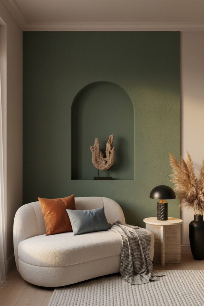 Mur vert mousse avec niche dans un petit salon moderne organique en fin de journée.