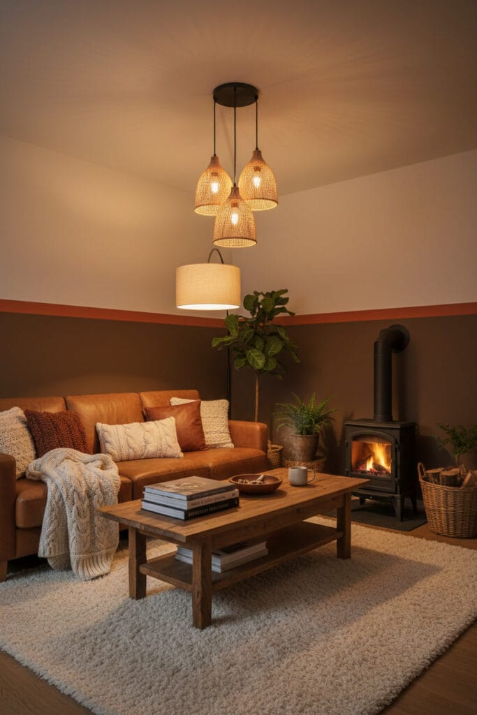 Mur à bandes horizontales marron et orange dans un petit salon chalet moderne en soirée.