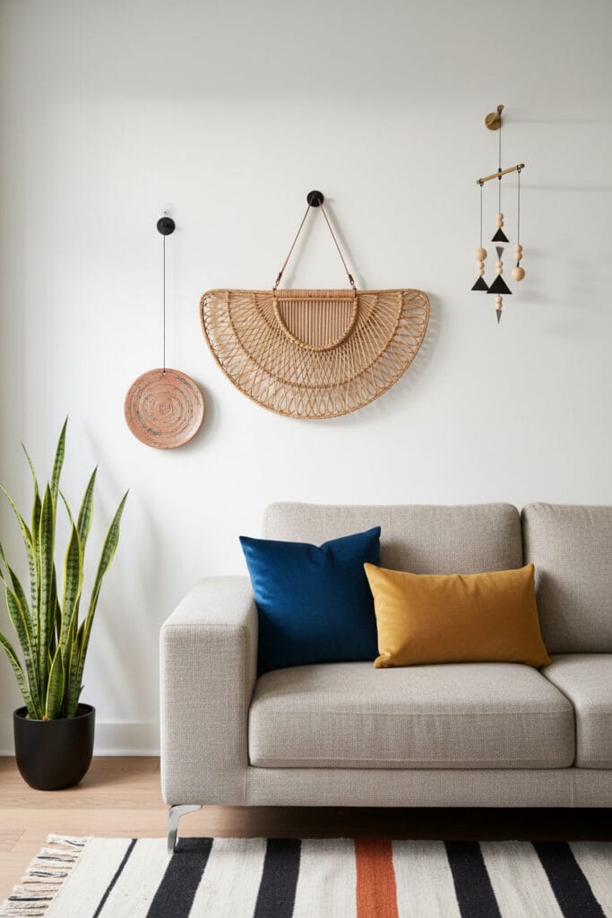 Suspensions murales en rotin, céramique et métal dans un petit salon moderne tribal