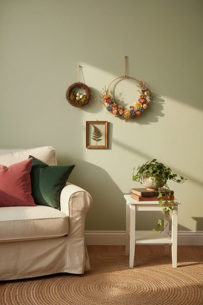 Suspensions murales naturelles (nid, couronne, spécimen) dans un petit salon cottage moderne.