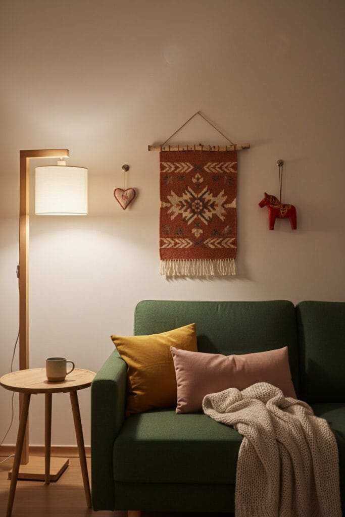 Suspensions murales folk scandinaves (tapis, cheval en bois, cœur brodé) dans un petit salon moderne en soirée.