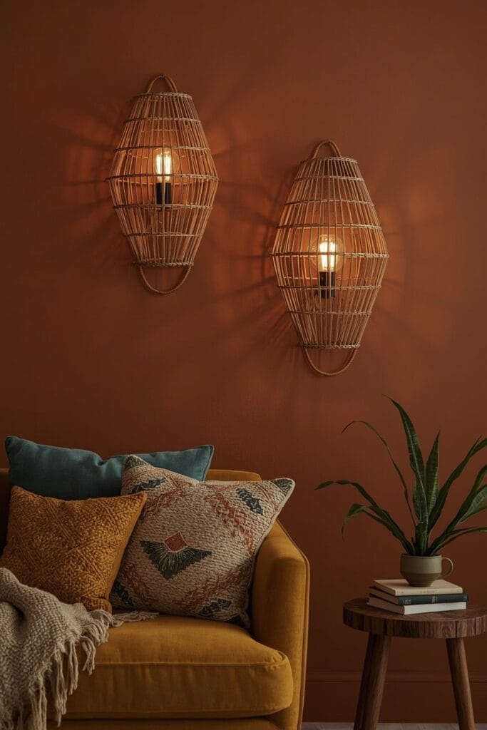 Décoration Murale Salon bohème avec deux appliques murales tissées en rotin sur un mur orange épicé, éclairant un canapé velours.