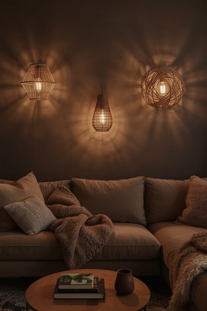 Décoration Murale Salon cocooning avec trois luminaires muraux artisanaux en rotin, macramé et jute sur un mur gris anthracite, éclairant un salon en soirée.