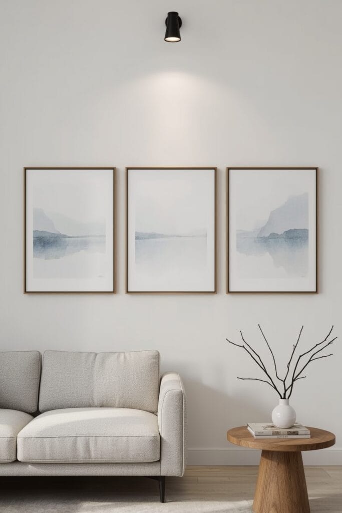 Décoration Murale Salon minimaliste nordique avec une galerie de trois aquarelles abstraites encadrées de noir sur un mur gris clair.