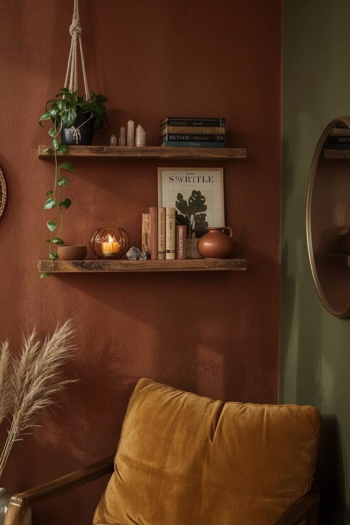 Décoration Murale Salon bohème avec étagères flottantes en bois rustique, plantes suspendues, livres vintage et lanternes, sur un mur terracotta.