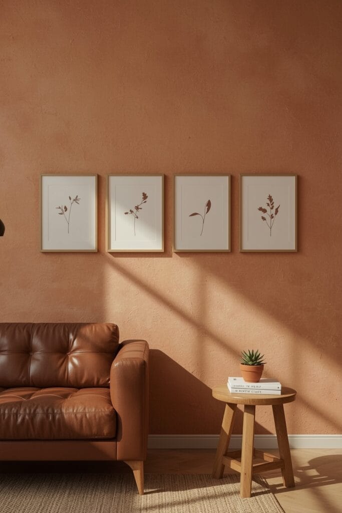 Décoration Murale Salon moderne et terreuse avec une galerie de dessins au trait dans des cadres en chêne sur un mur terracotta texturé.