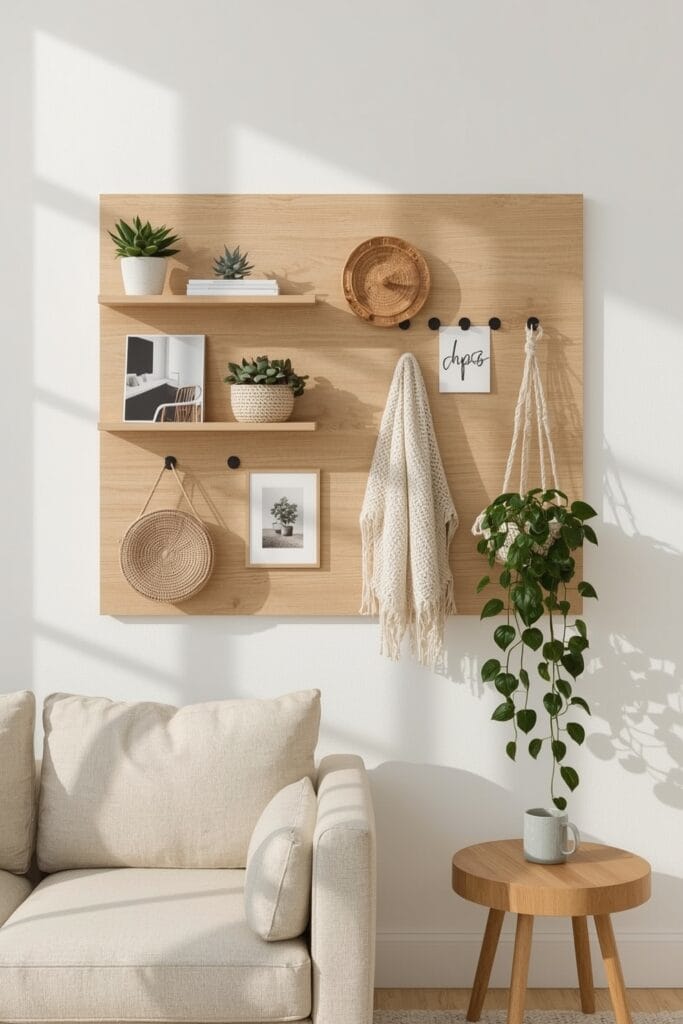 Décoration Murale Salon moderne avec un grand tableau de rangement en bois clair (pegboard) organisé avec des plantes, un panier et des étagères.