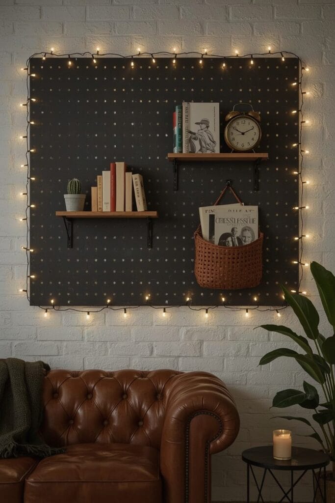 Décoration Murale Salon industriel cosy avec un pegboard anthracite organisé de livres, d'une couverture et de guirlandes LED, le soir.