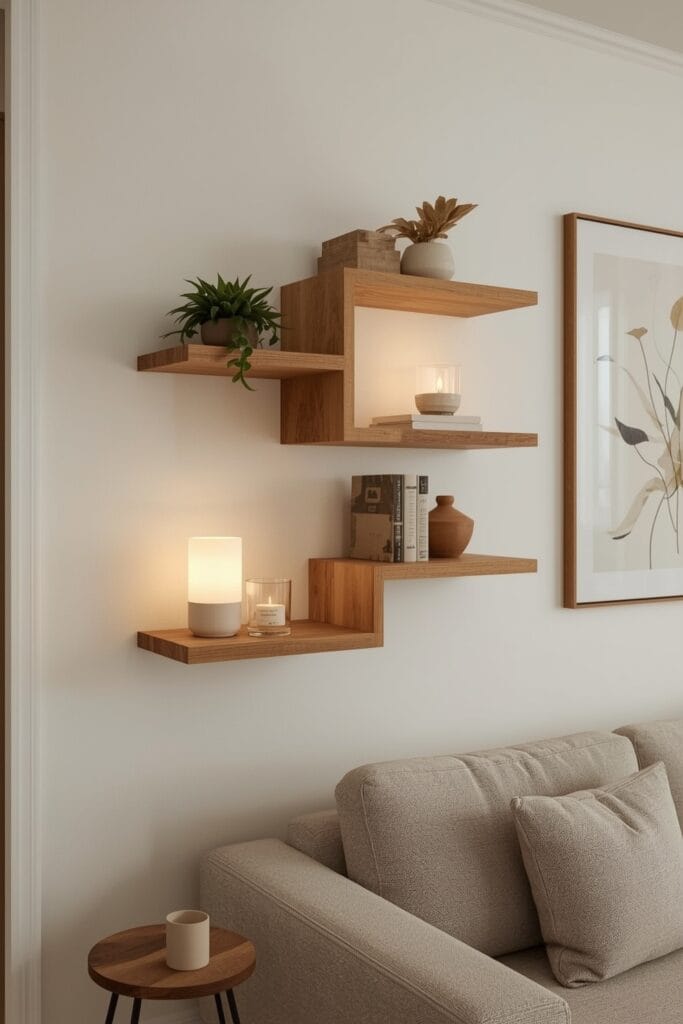 Décoration Murale Salon cosy avec étagères flottantes en bois brut organisant plantes, livres et bougie, éclairées par une lampe douce.