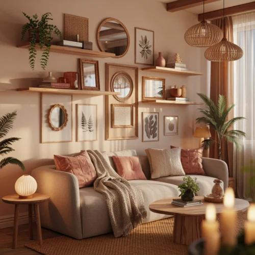 Décoration murale salon cosy avec étagères bois, galerie d'art et luminaires tissés pour une ambiance chaleureuse