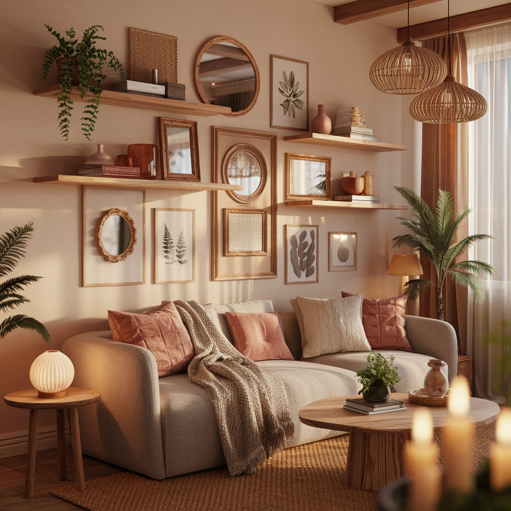 Décoration murale salon cosy avec étagères bois, galerie d'art et luminaires tissés pour une ambiance chaleureuse