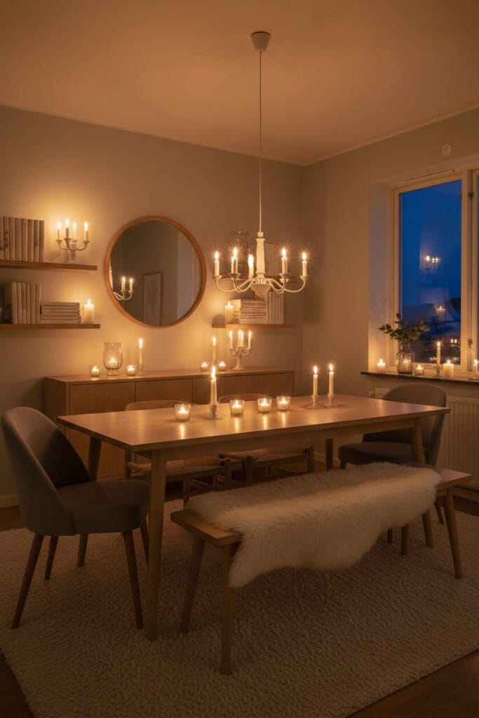 Salle à manger scandinave parfaite et cocooning le soir, éclairée exclusivement aux bougies naturelles. Ambiance hygge magique.