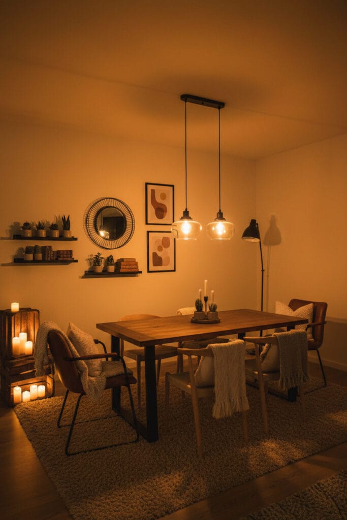 Ambiance soirée cocooning dans une salle à manger industrielle douce (appartement standard), avec éclairage chaud, table rectangulaire et décor mural cosy.