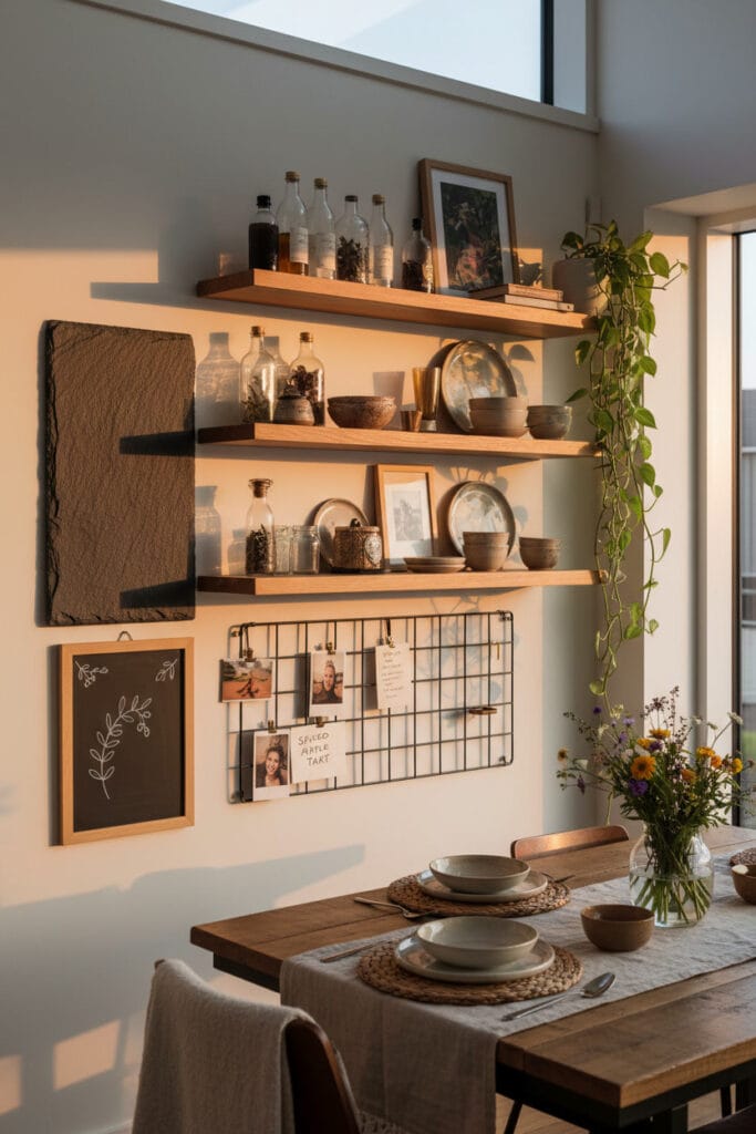 Coin repas moderne cocooning en fin de journée, avec étagères, tableau ardoise, grille photos et ambiance personnelle.