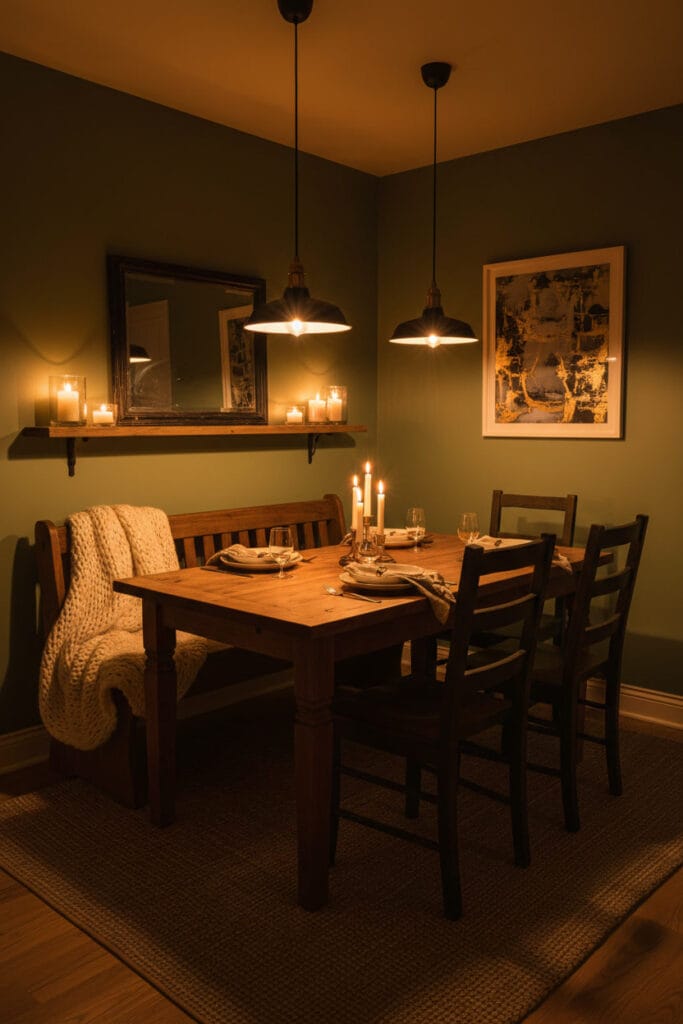 Ambiance nocturne cosy dans un coin repas rustique, avec lustres Edison et ombres portées de bougies.