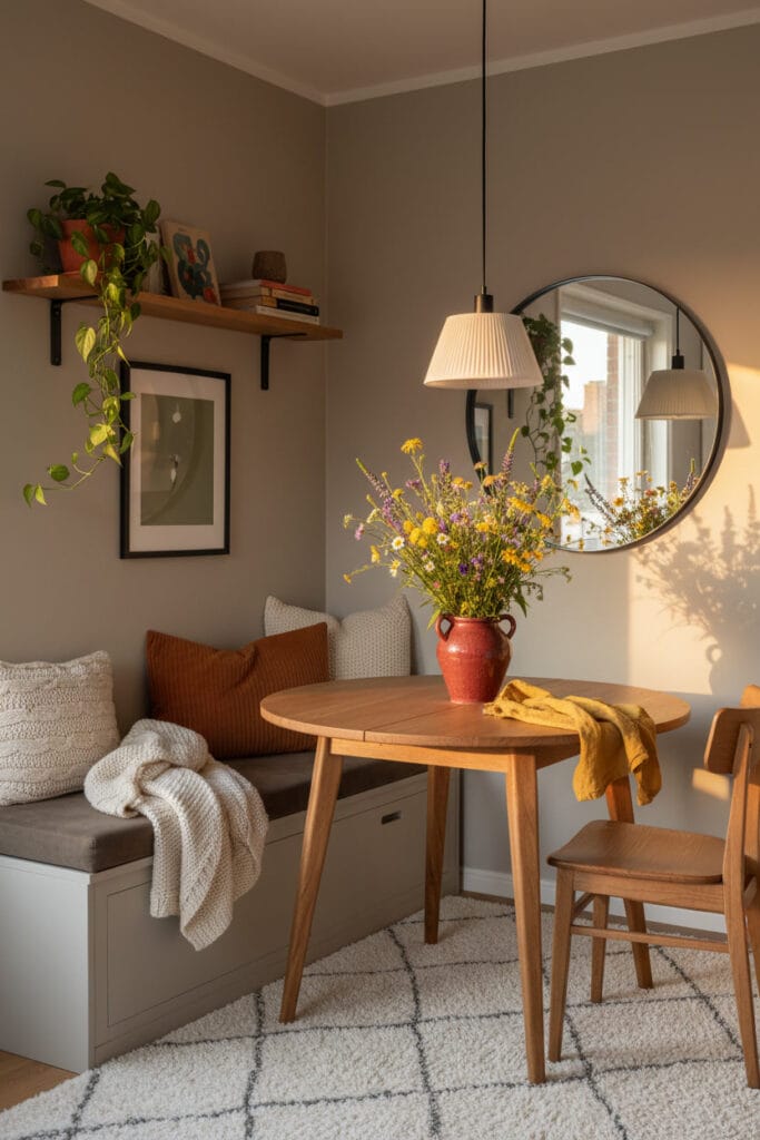 Coin repas astucieux et ultra cosy dans un petit espace, avec couleurs chaudes (brique, moutarde, taupe) et décorations douces.