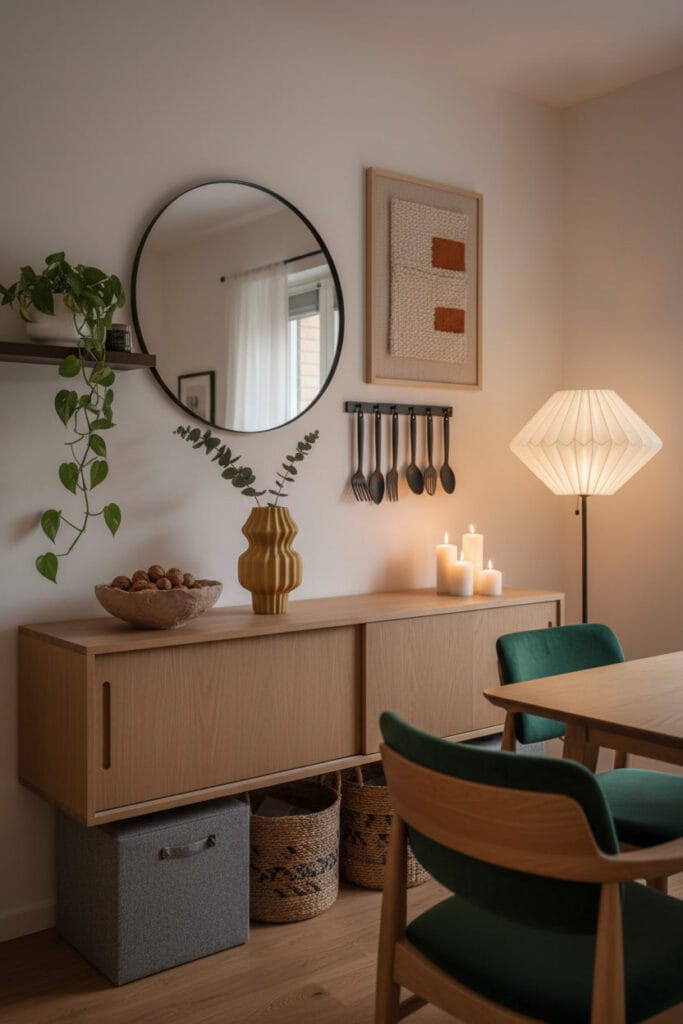 Salle à manger moderne et cocooning le soir avec rangement discret, déco murale chaleureuse et palette de couleurs cosy.